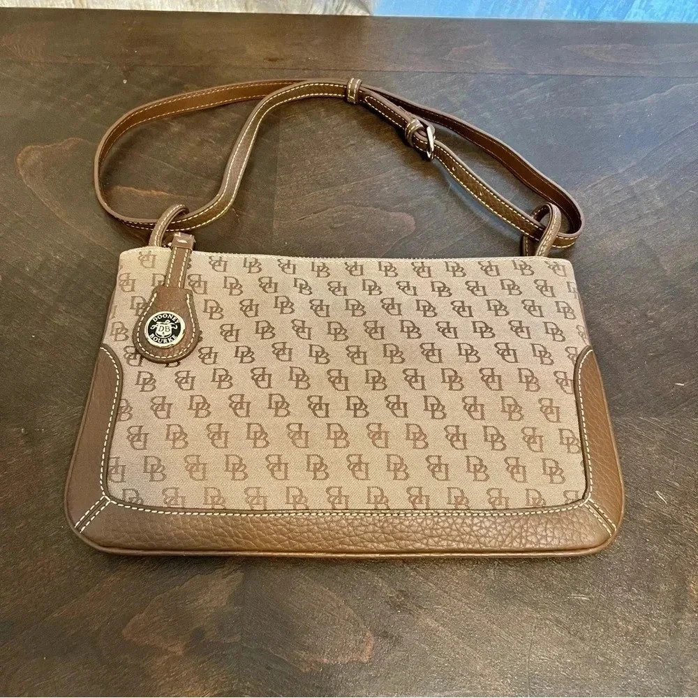 Monogram Dooney & Bourke Slim Zip Top Shoulder Bag Brown Taupe Leather Mocha